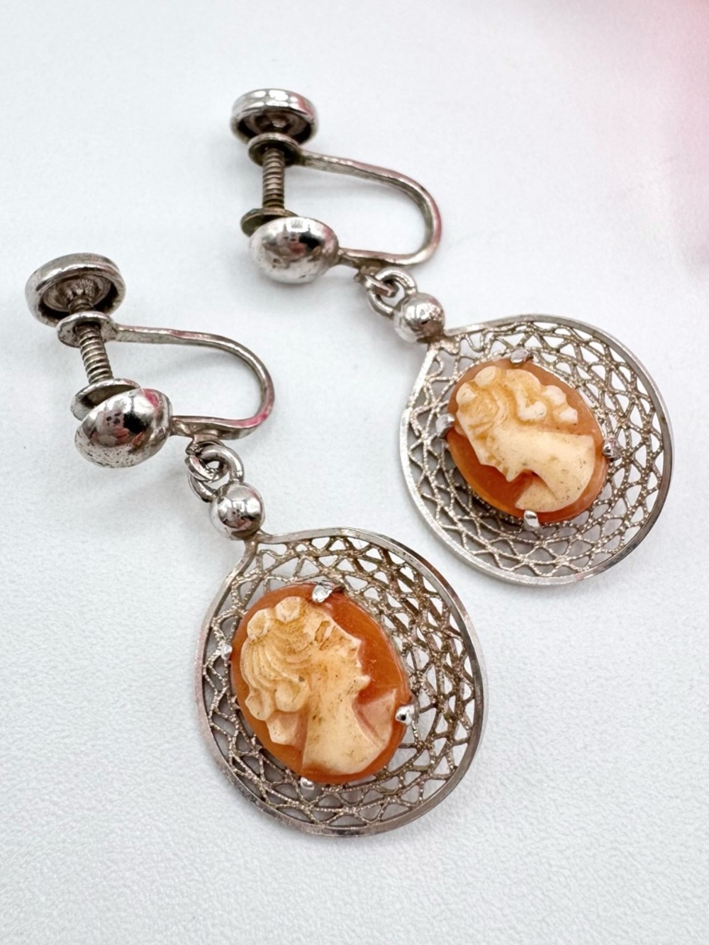 Vintage Sorrento Sterling Carved Cameo Screw Back Earrings Filigree Romantic